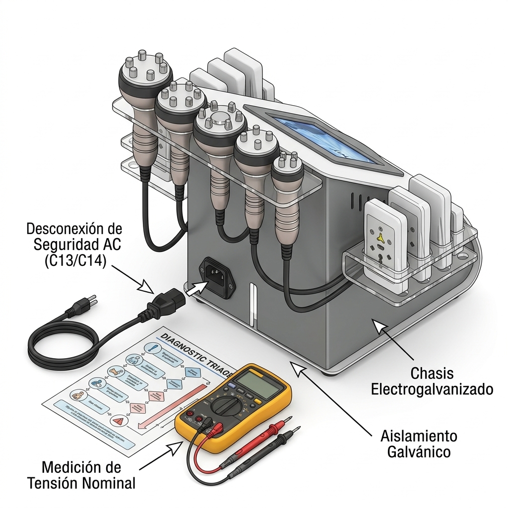 Diagrama de flujo técnico y render isométrico 3D de seguridad biomédica y desconexión primaria del equipo Kim8 6en1.