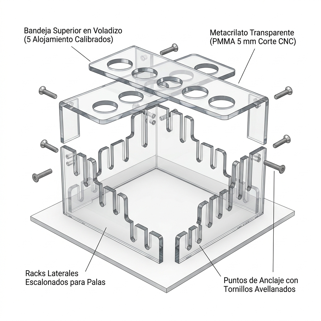 Render 3D del ensamble de los soportes y bandejas de metacrilato transparente CNC.
