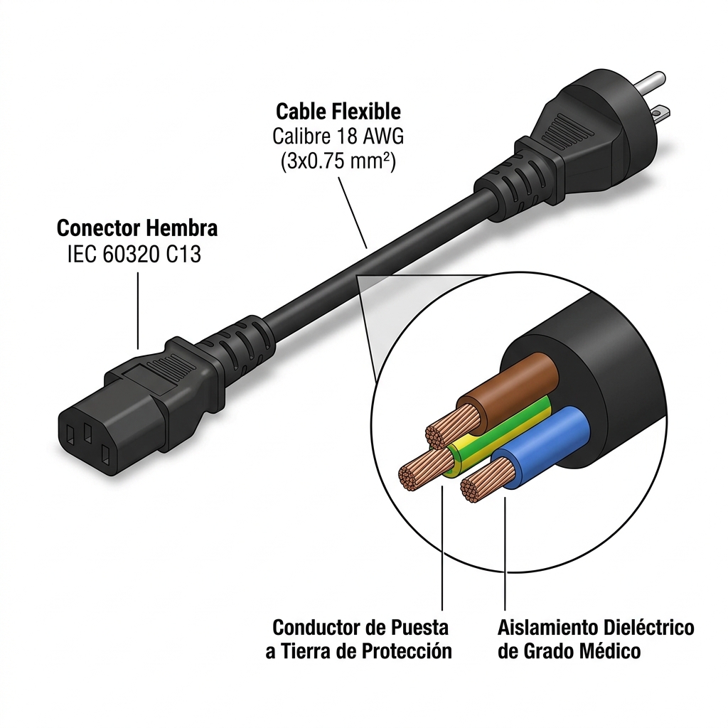 Render 3D del cable de alimentación grado médico con corte transversal de los conductores.