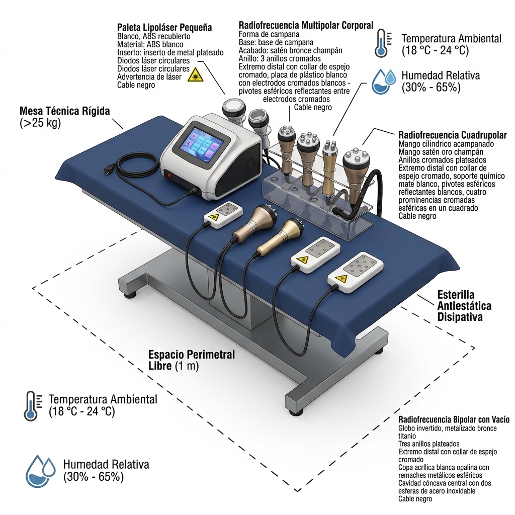 Diagrama técnico en 3D del puesto de trabajo ergonómico y las condiciones ambientales para el desembalaje del equipo.
