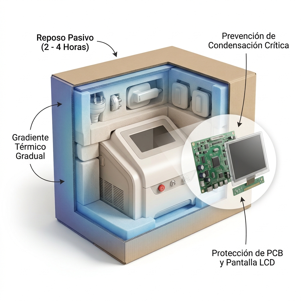 Esquema conceptual 3D del proceso de aclimatación pasiva para evitar condensación interna en tarjetas PCB y pantalla LCD.