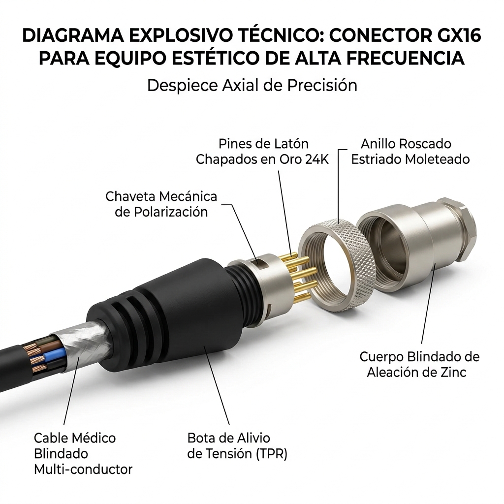 Esquema de despiece 3D del conector industrial metálico tipo aviación GX16 utilizado en los manípulos.
