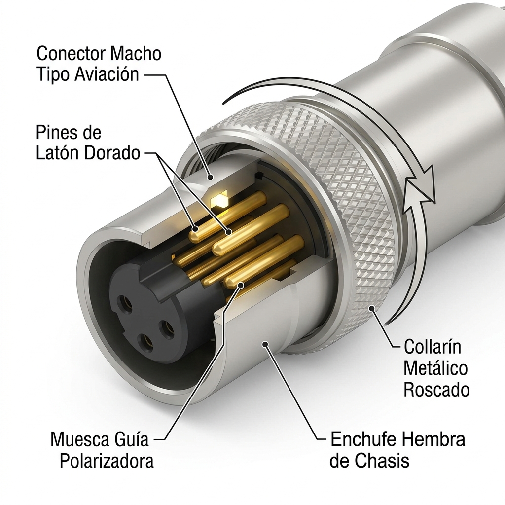 Esquema técnico 3D macro del conector circular tipo aviación mostrando la alineación de chaveta, pines dorados y collarín roscado.
