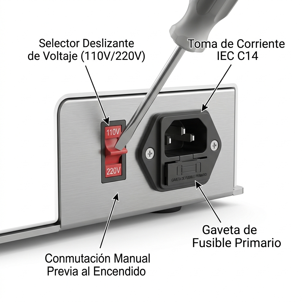 Macro técnico 3D del selector deslizante de voltaje 110V/220V y toma de corriente IEC C14 en el panel posterior.