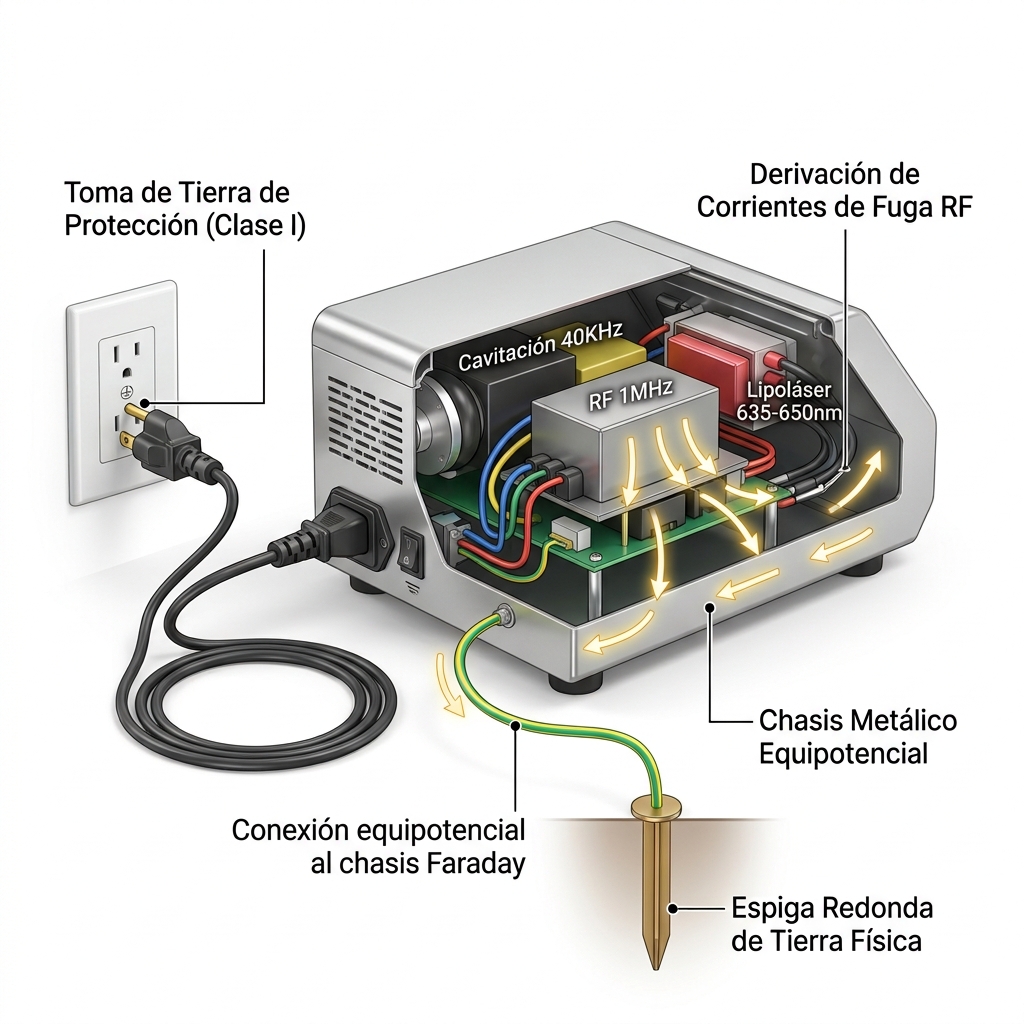 Diagrama esquemático 3D de seguridad eléctrica Clase I que ilustra la derivación de corrientes de fuga de RF a tierra física.