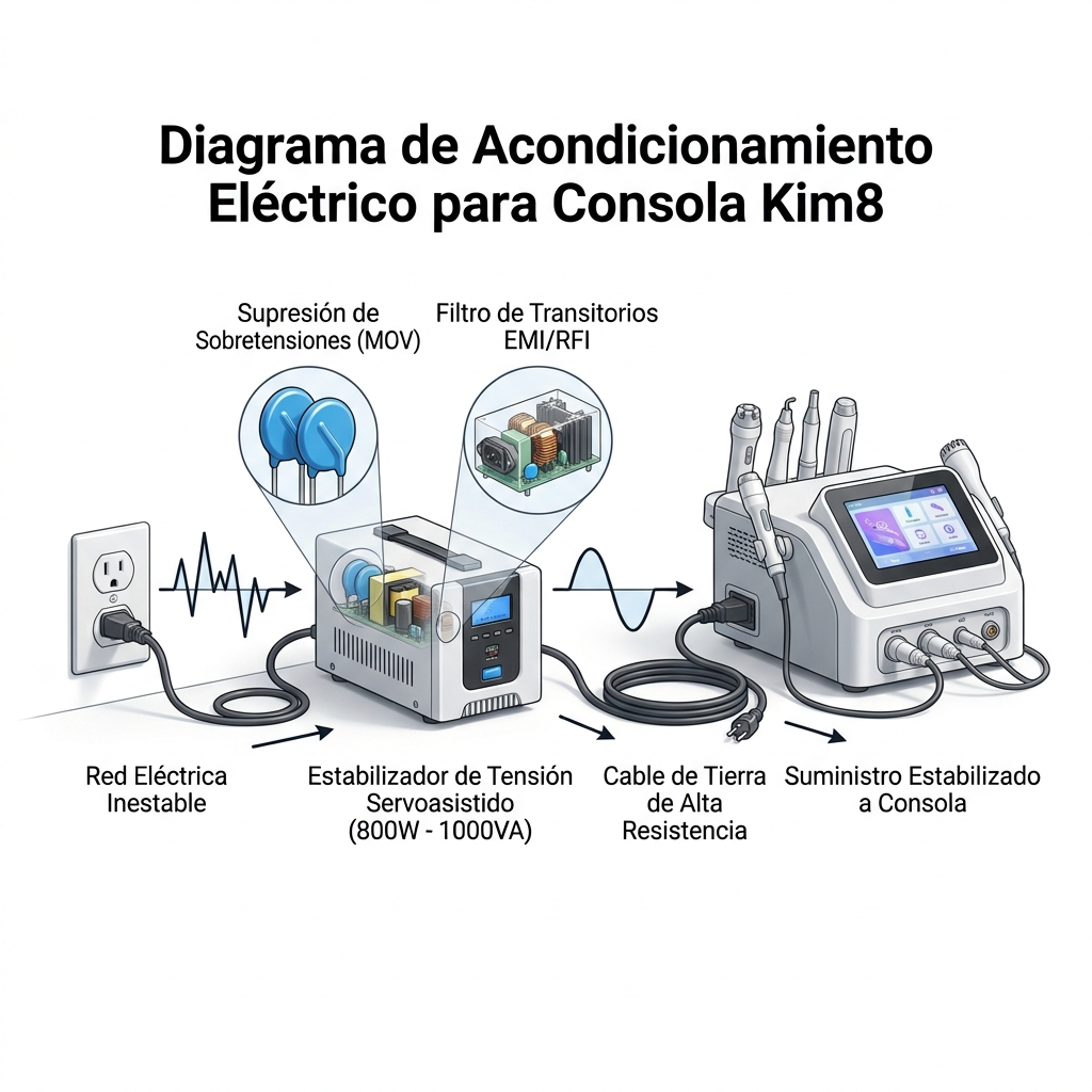 Diagrama esquemático 3D del acondicionamiento de red eléctrica con estabilizador automático de voltaje, varistores y filtro EMI.
