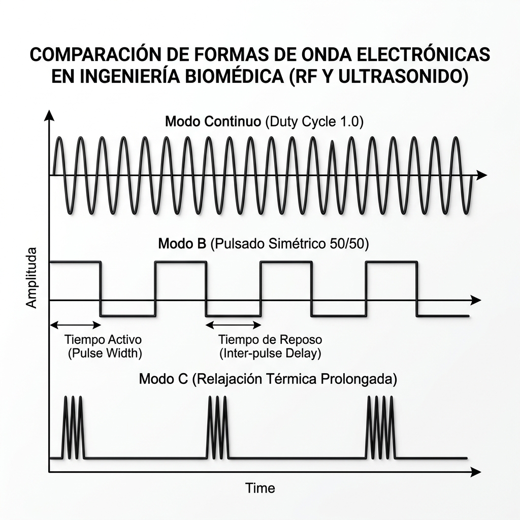 Diagrama electrodinámico 3D comparativo de formas de onda y ciclo de trabajo (duty cycle) para Modo Continuo, Modo B y Modo C.