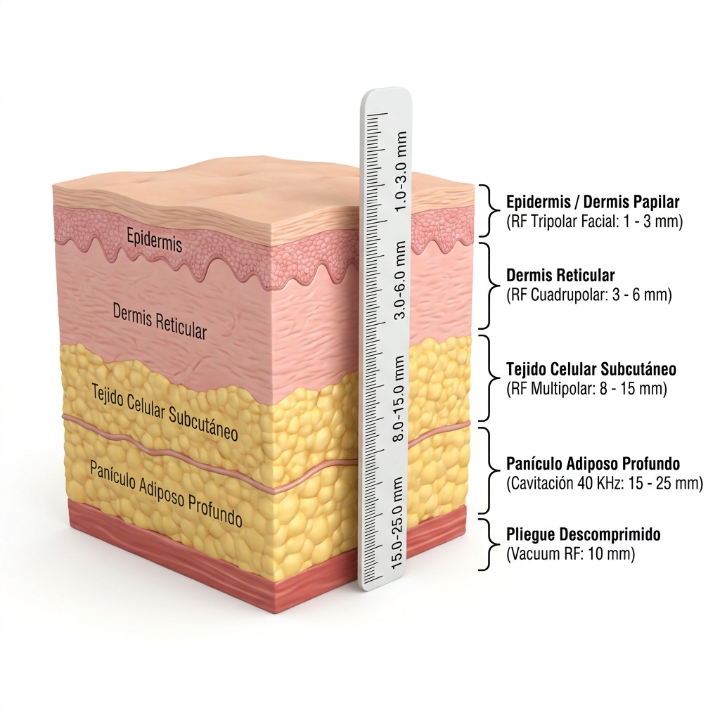 Diagrama anatómico transversal 3D que correlaciona los estratos tisulares cutáneos con los cabezales y su profundidad de penetración milimétrica.