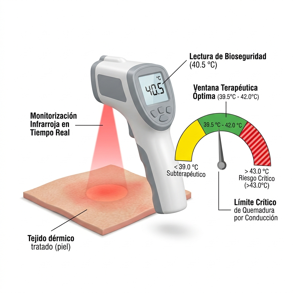Esquema 3D de monitoreo térmico con pirómetro infrarrojo y gradiente de bioseguridad térmica entre 39.5 °C y 42.0 °C.