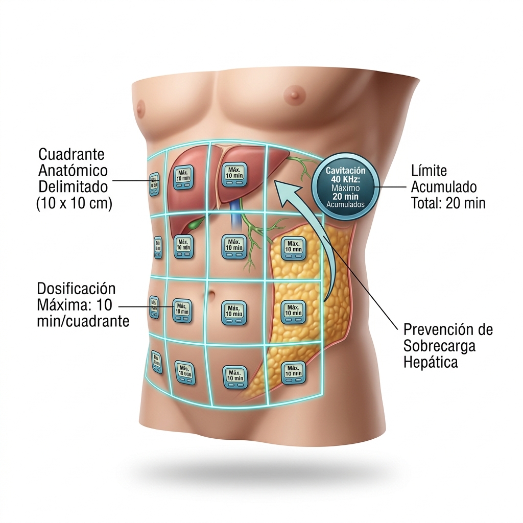Diagrama de mapeo anatómico en cuadrantes de 10x10 cm con tiempos límite de aplicación para evitar sobrecarga hepática.