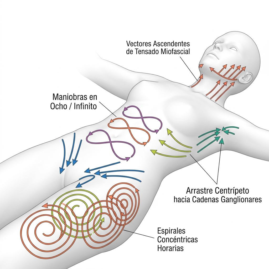 Diagrama esquemático 3D sobre superficie corporal ilustrando los vectores de movimiento: espirales, ochos, tensado y drenaje centrípeto.