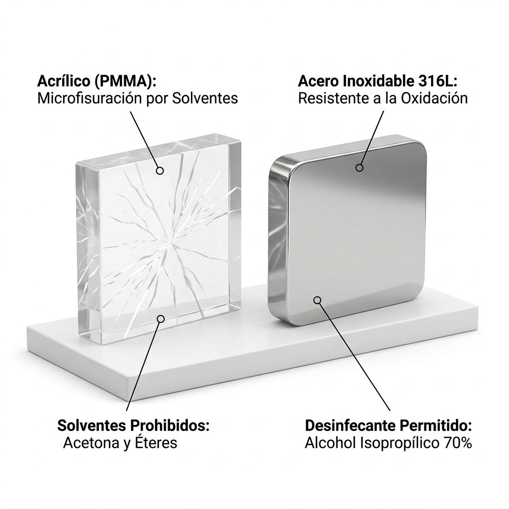 Diagrama comparativo de ciencia de materiales mostrando la resistencia del acero quirúrgico frente a la microfisuración química (crazing) en polimetilmetacrilato (PMMA).