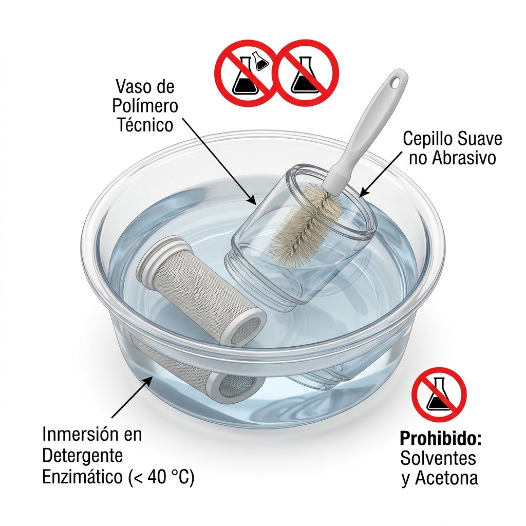Esquema 3D del lavado y descontaminación por inmersión del vaso del filtro y cartucho poroso con detergente enzimático a temperatura controlada.