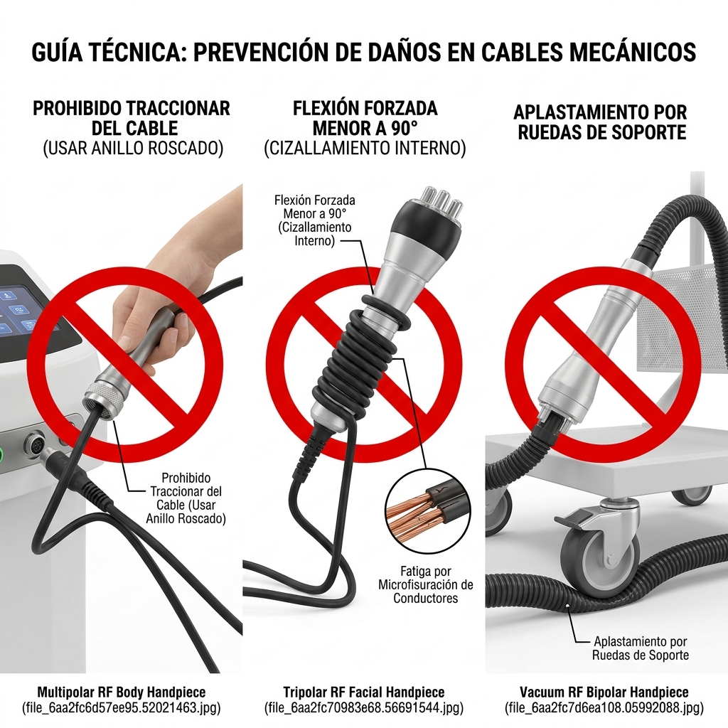 Diagrama 3D esquemático de fallas mecánicas ilustrando las tres maniobras prohibidas en cables y mangueras umbilicales.