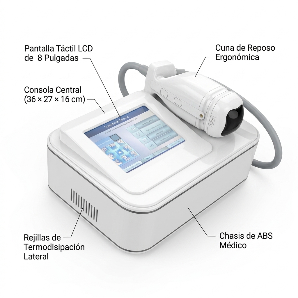Render 3D de la consola central de sobremesa LIPOSlim® destacando pantalla táctil, cuna de soporte y ranuras de ventilación.