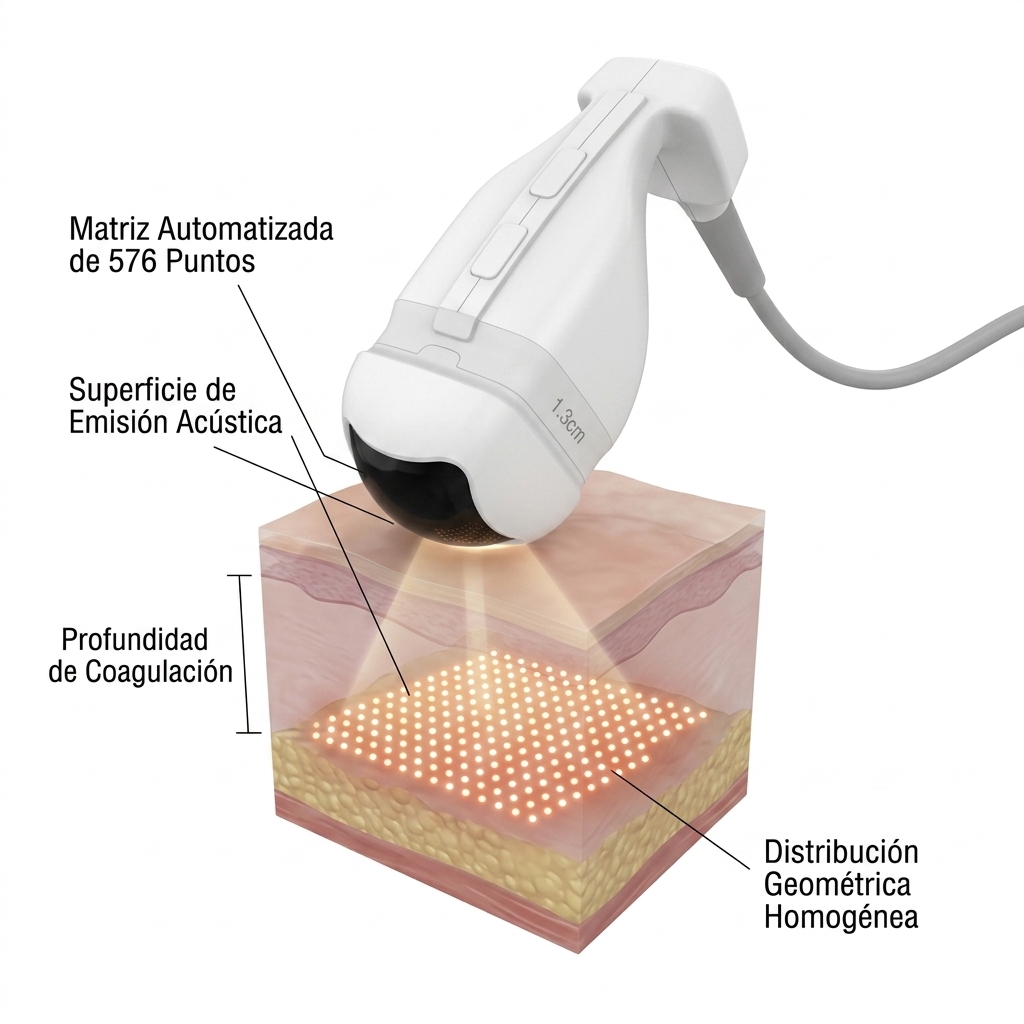 Visualización 3D de la matriz geométrica de 576 puntos de coagulación térmica por disparo generada por el manípulo.