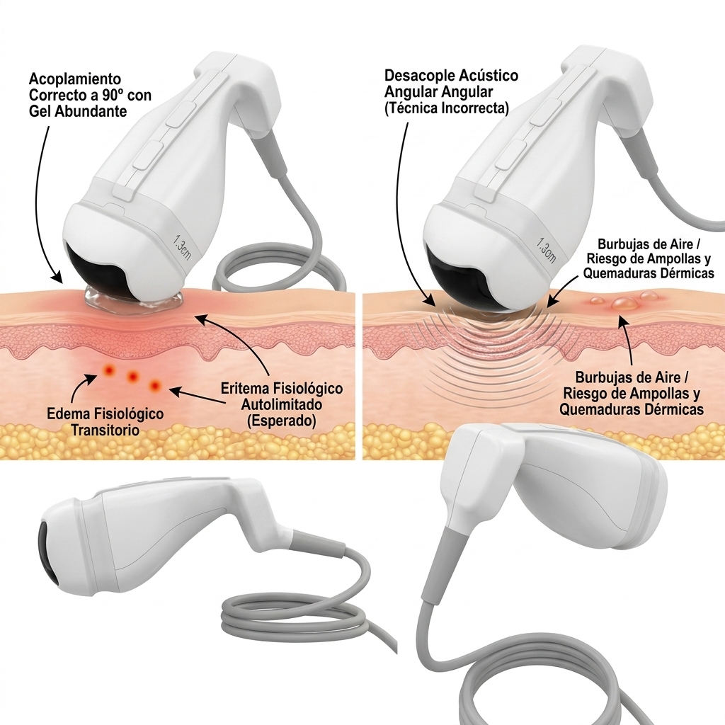 Render 3D comparativo de la técnica de contacto del manípulo LIPOSlim®: contacto plano a 90° con gel abundante generando respuesta fisiológica normal (eritema leve) versus desacople acústico angular provocando quemaduras epidérmicas o ampollas.