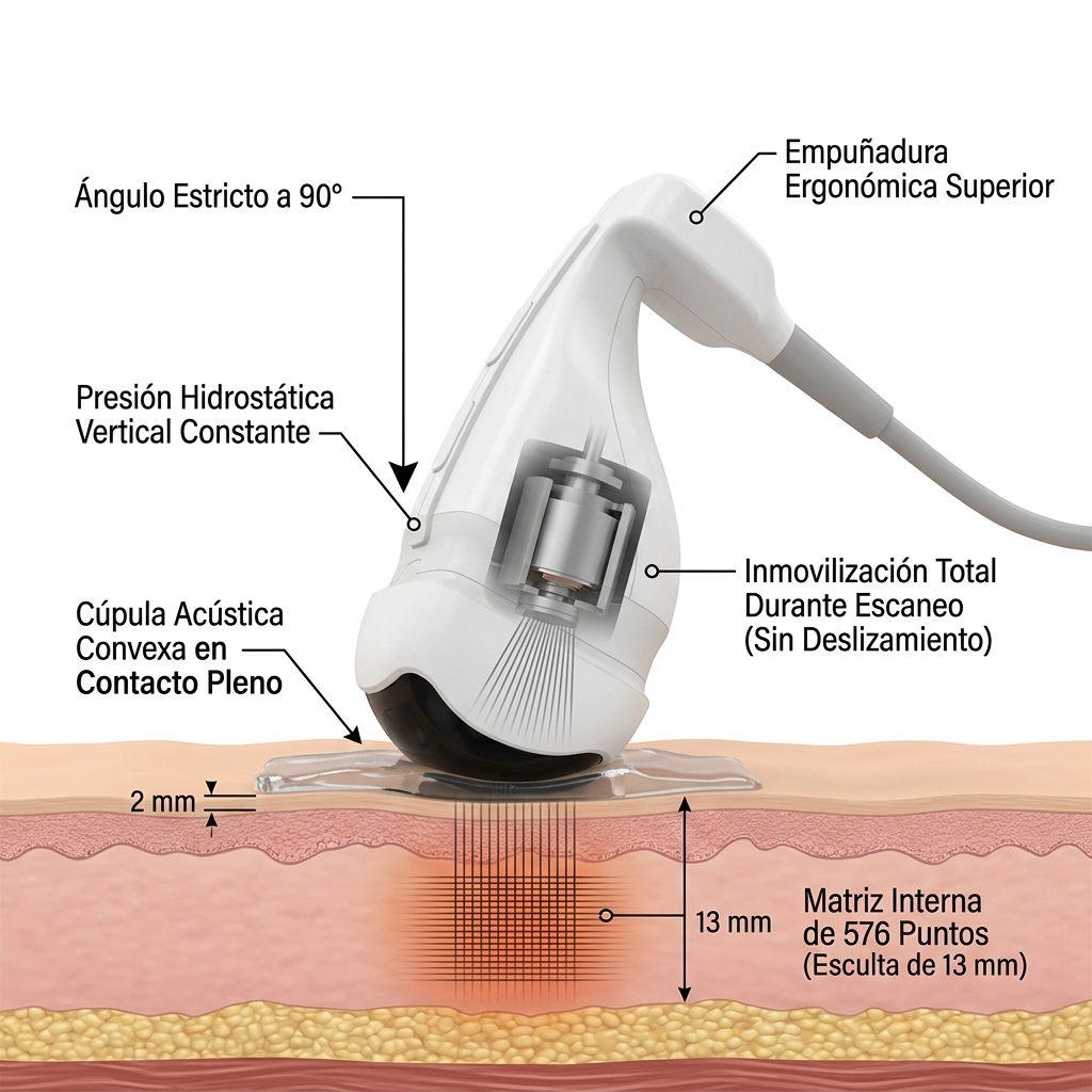 Render 3D técnico del manípulo LIPOSlim® en posición activa perpendicular a 90° sobre la piel en maniobra stamping, aplicando compresión vertical uniforme sobre gel acústico sin deslizamiento.