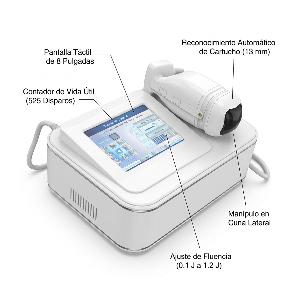 Render 3D de la consola central LIPOSlim® y el manípulo, mostrando la pantalla táctil de 8 pulgadas con la interfaz de control, reconocimiento del cartucho y ajuste de energía en Julios.