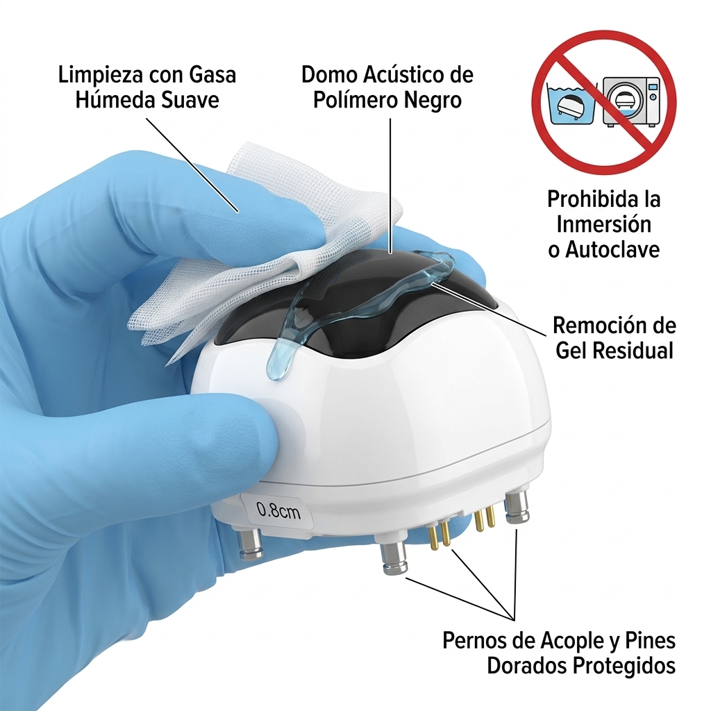 Render 3D de primer plano que ilustra el protocolo de limpieza y desinfección suave del domo acústico del cartucho con gasa humedecida en alcohol al 70%, sin inmersión.