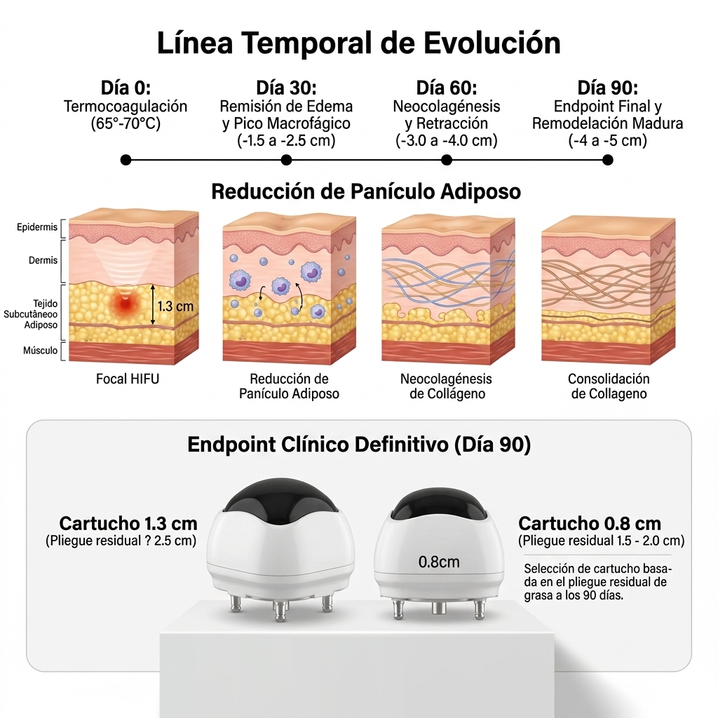 Infografía técnica 3D de la línea de tiempo clínica a 30, 60 y 90 días con corte histológico evolutivo y criterios de selección de cartucho para retratamiento.
