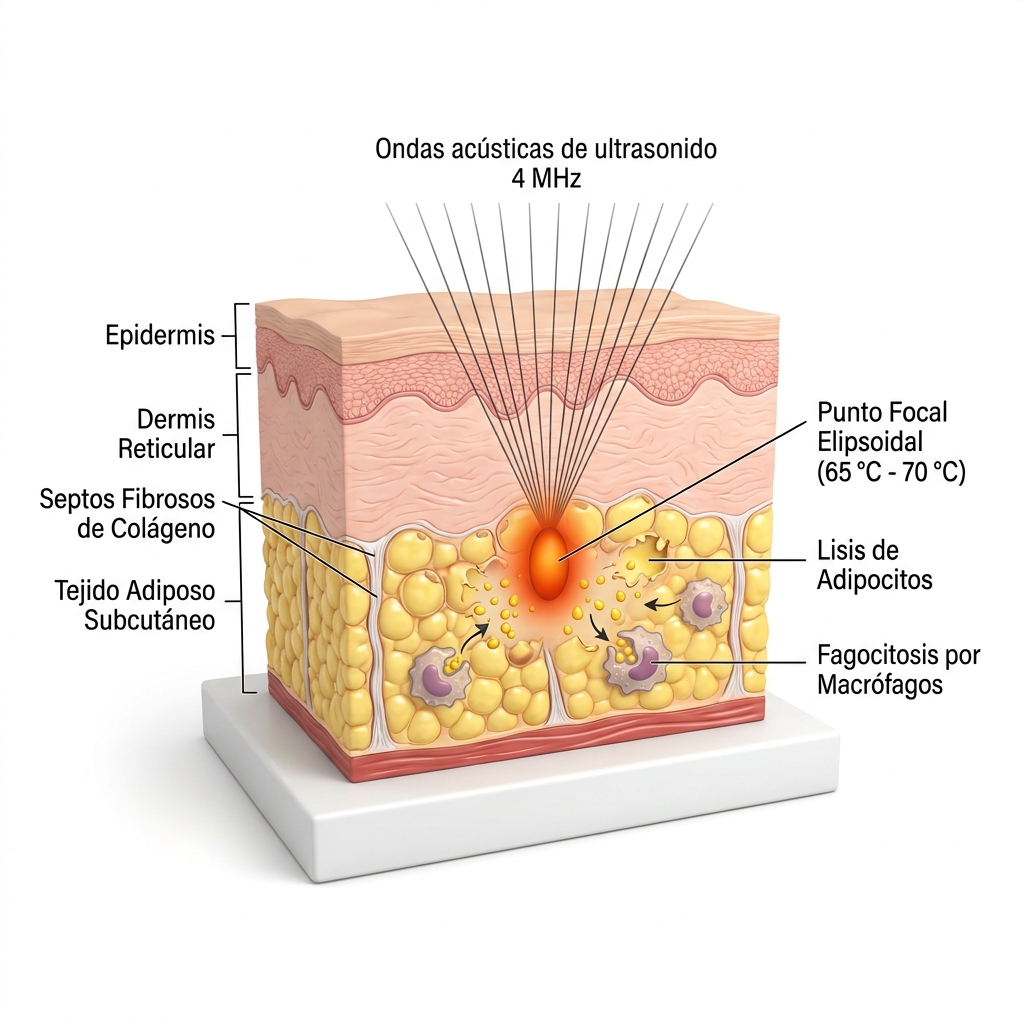 Corte transversal biomédico 3D de capas cutáneas mostrando la convergencia acústica a 4 MHz, foco térmico de 65-70°C y cascada celular de necrosis y apoptosis.