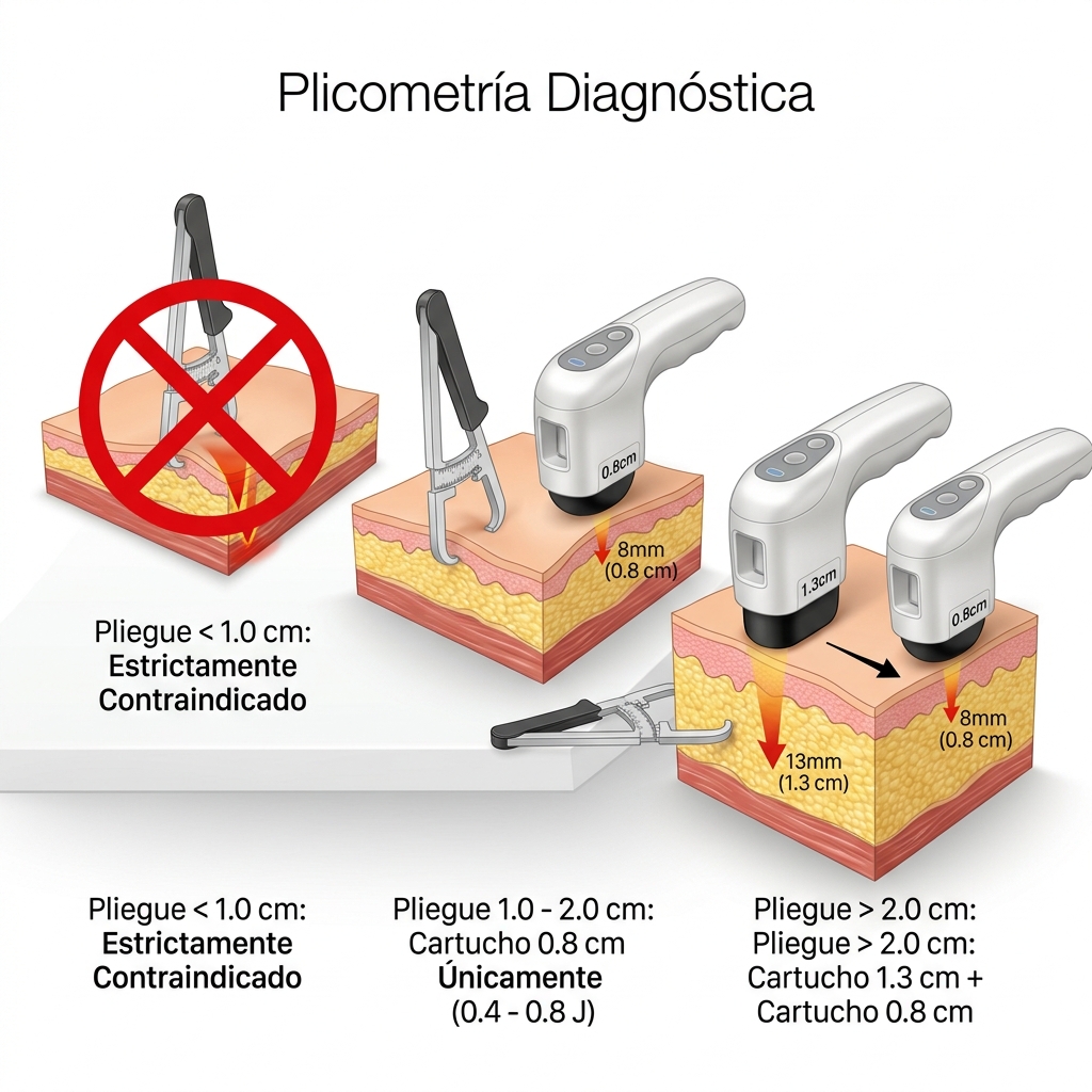 Infografía técnica 3D comparativa con tres niveles de espesor de pliegue medido con plicómetro y asignación de cartuchos o contraindicación.