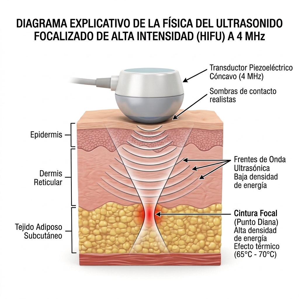 Diagrama 3D biomecánico de la propagación acústica convergente a 4 MHz desde el transductor cerámico cóncavo hasta la cintura focal en el panículo adiposo.
