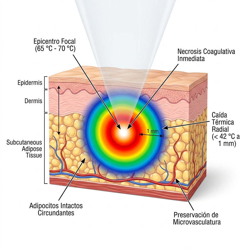 Esquema 3D termodinámico del gradiente de temperatura radial y zona de ablación focal (65 °C - 70 °C) en el tejido adiposo.