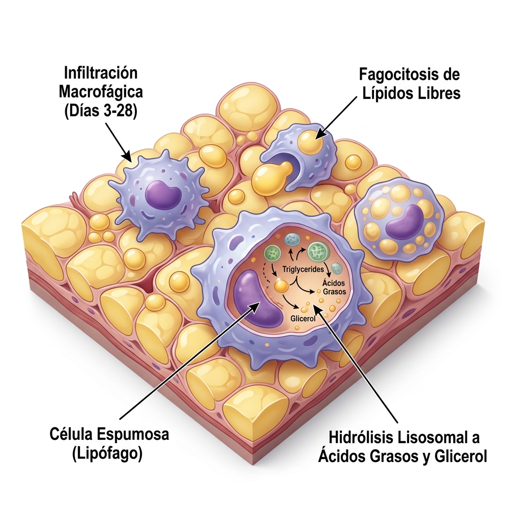 Diagrama 3D histológico de la fase subaguda mostrando macrófagos tisulares fagocitando lípidos libres y convirtiéndose en células espumosas (lipófagos).