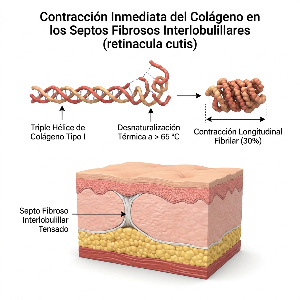 Diagrama 3D molecular y tisular de la contracción térmica inmediata de las fibras de colágeno en los septos fibrosos interlobulillares.