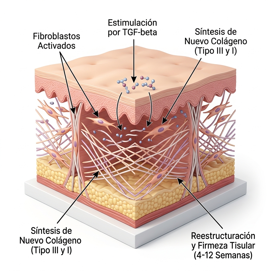 Ilustración 3D de la neocolagénesis y neoelastogénesis a nivel dérmico-hipodérmico con fibroblastos activados y depósito de nuevas fibras de colágeno.