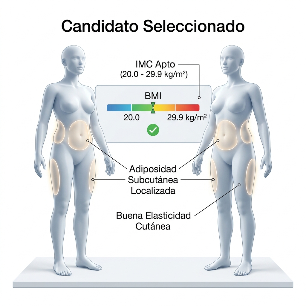 Infografía clínica 3D con siluetas anatómicas y escala métrica de IMC apto para selección de pacientes.