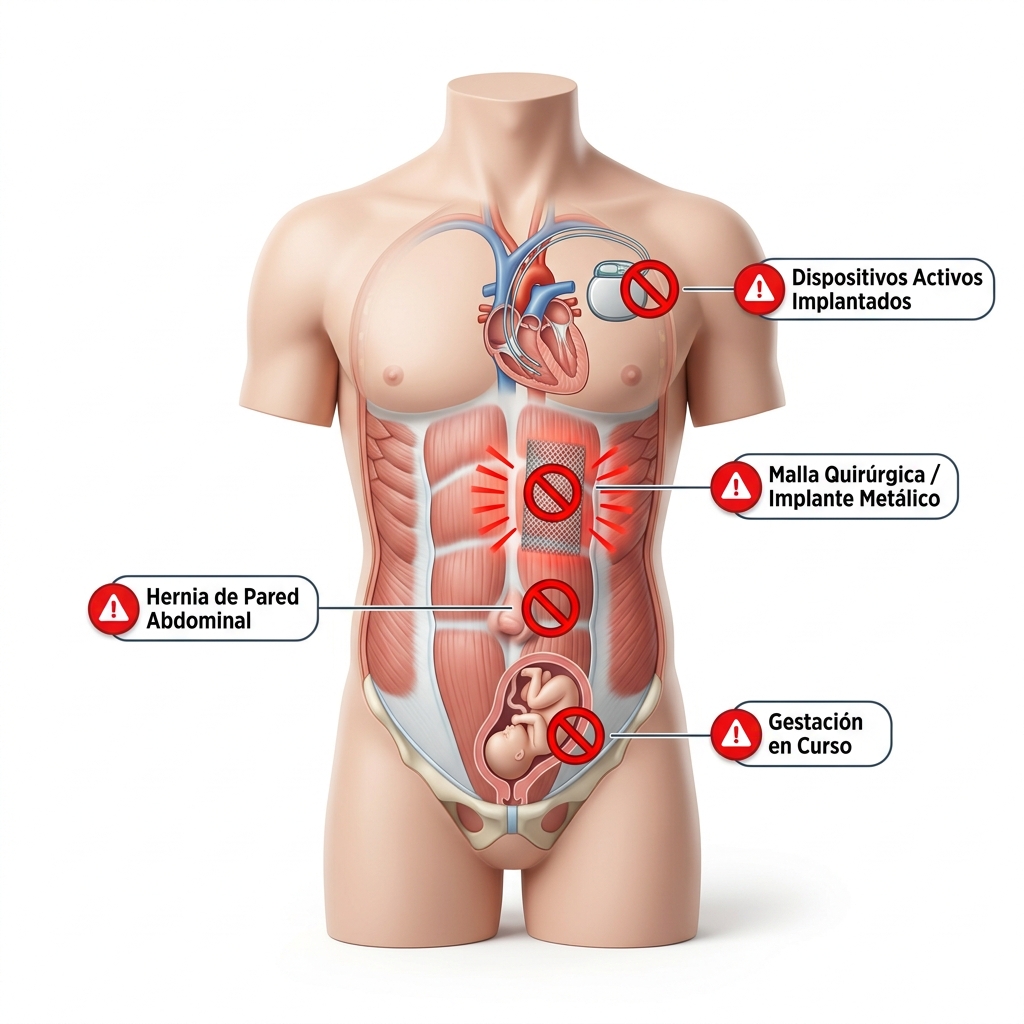 Esquema 3D de advertencia anatómica y dispositivos médicos contraindicados de forma absoluta.