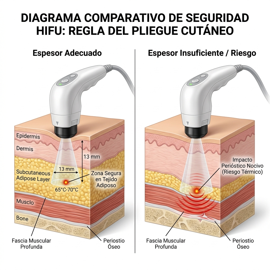 Esquema anatómico comparativo que muestra la absorción segura en grasa vs el choque térmico perióstico por pliegue insuficiente.