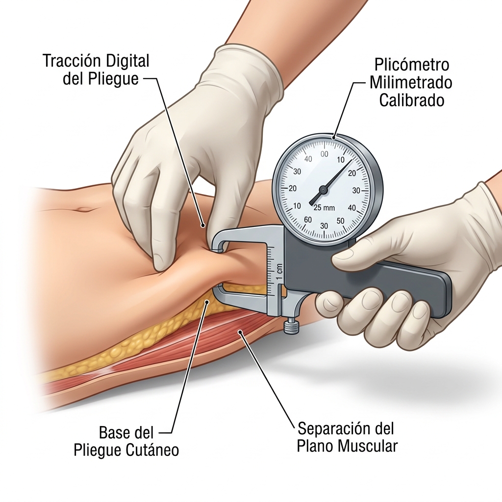 Demostración técnica 3D de la maniobra de plicometría con adipómetro mecánico en el pliegue subcutáneo.
