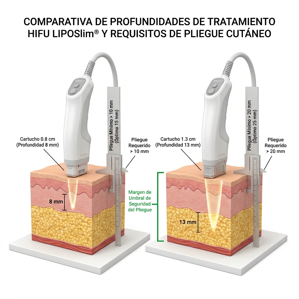 Gráfico técnico comparativo de los umbrales mínimos de pliegue requeridos para cartuchos de 8 mm y 13 mm.