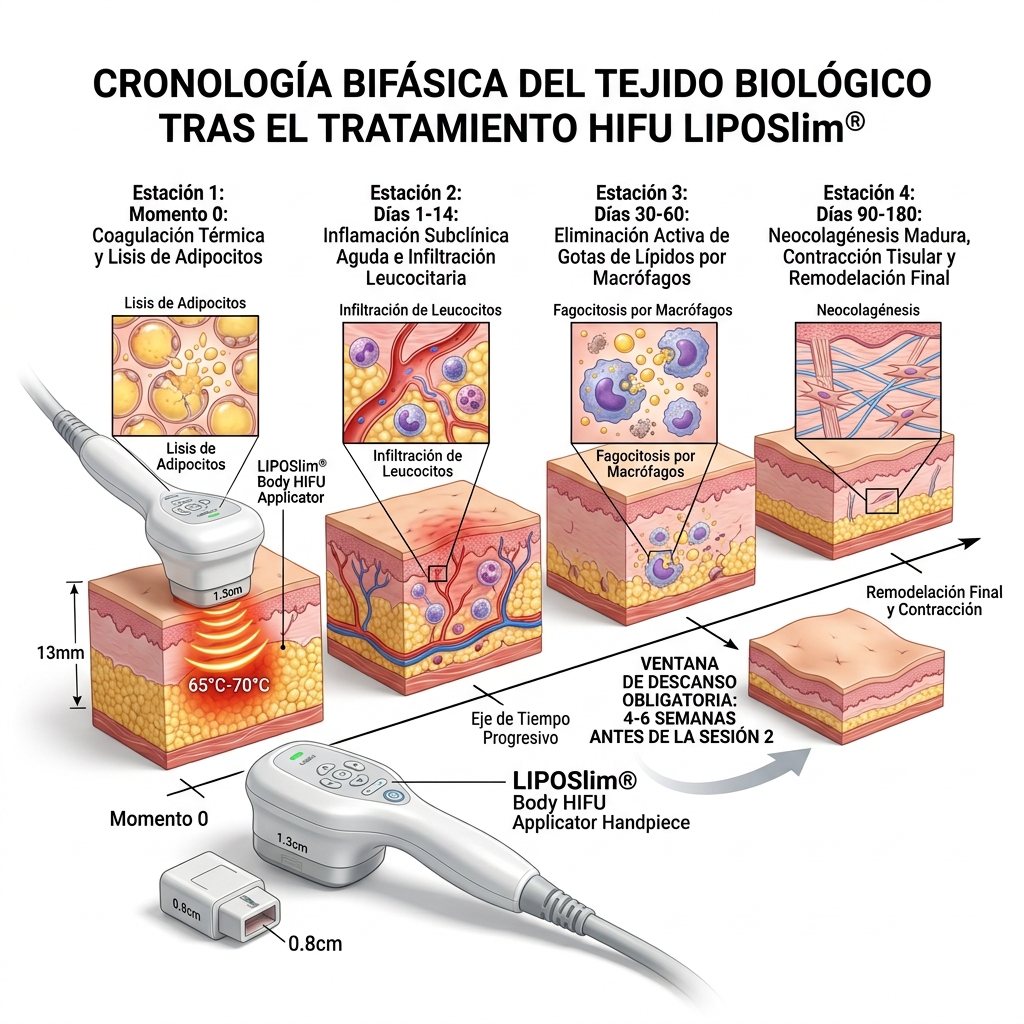 Cronograma 3D de la respuesta biológica bifásica (Día 0 al Día 180) y la ventana de intervalo entre sesiones.