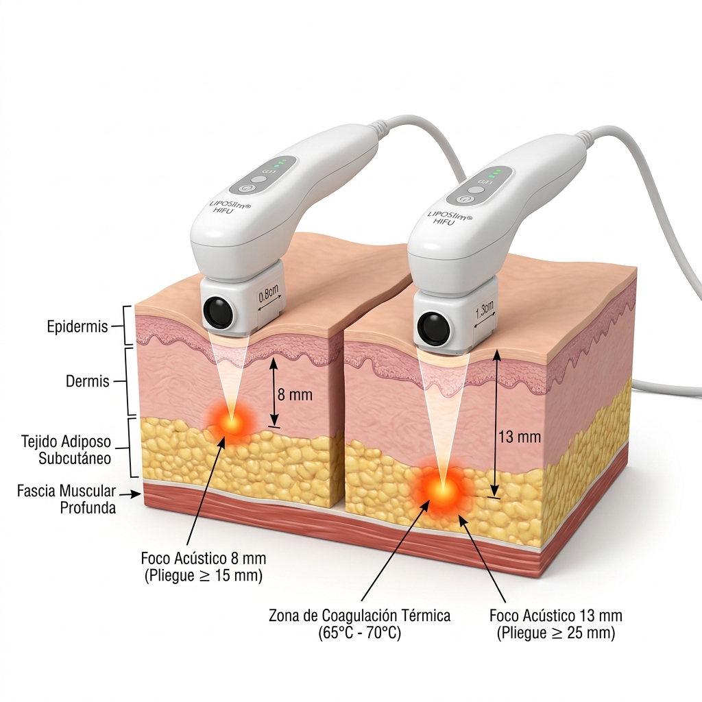 Corte transversal 3D biomédico de la piel mostrando los dos conos de convergencia acústica HIFU a 8 mm y 13 mm en la hipodermis con matriz de microcoagulación térmica y criterios de espesor mínimo de pliegue.