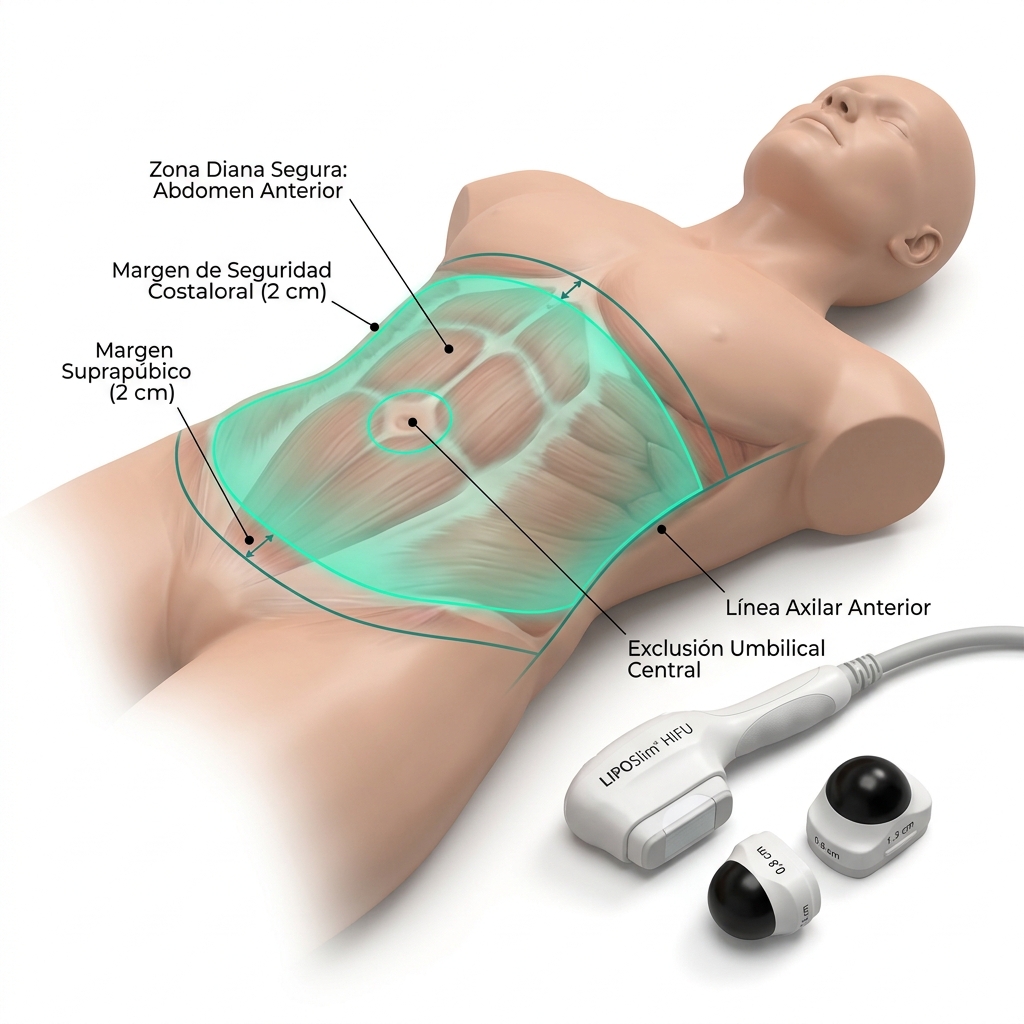 Mapa topográfico 3D de la pared abdominal anterior delimitando la zona diana segura tratable y los márgenes de seguridad respecto a rebordes costales, xifoides y sínfisis púbica.