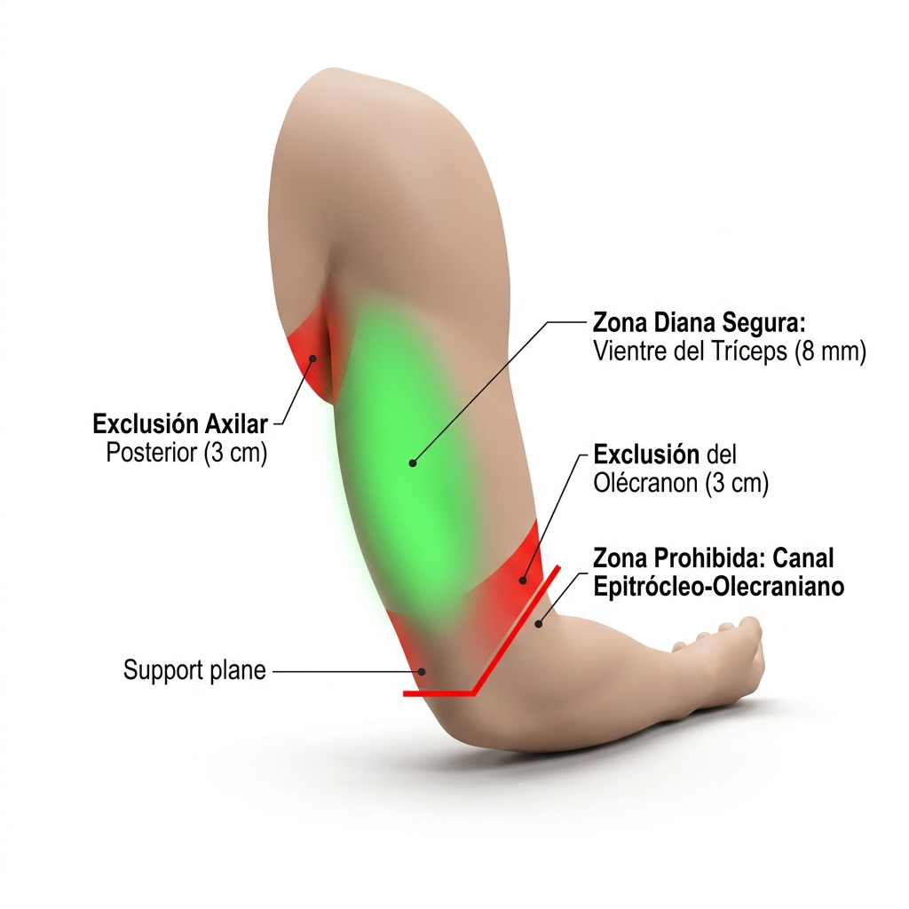 Esquema 3D de la cara posterior del brazo demarcando el área segura sobre el vientre del tríceps y las exclusiones de la axila, codo y canal del nervio cubital.
