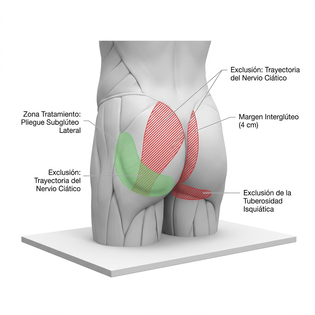 Render 3D anatómico posterior de la región glútea delimitando el tratamiento en el rollito subglúteo y la exclusión de la trayectoria profunda del nervio ciático.