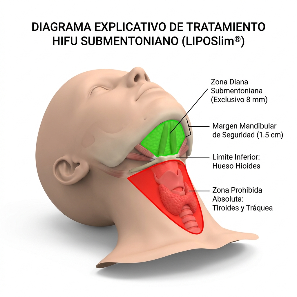 Diagrama 3D clínico del cuello en hiperextensión mostrando el área diana submentoniana suprahioidea para cartucho de 8 mm y la línea de corte estricta sobre el hueso hioides.