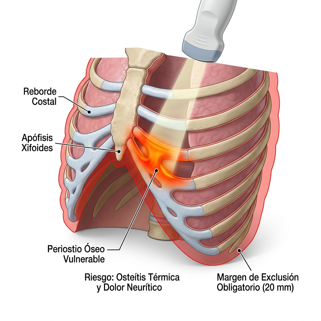 Corte transversal 3D biomecánico mostrando el riesgo de impacto ultrasónico inadvertido sobre el periostio costal y xifoides provocando osteítis térmica.