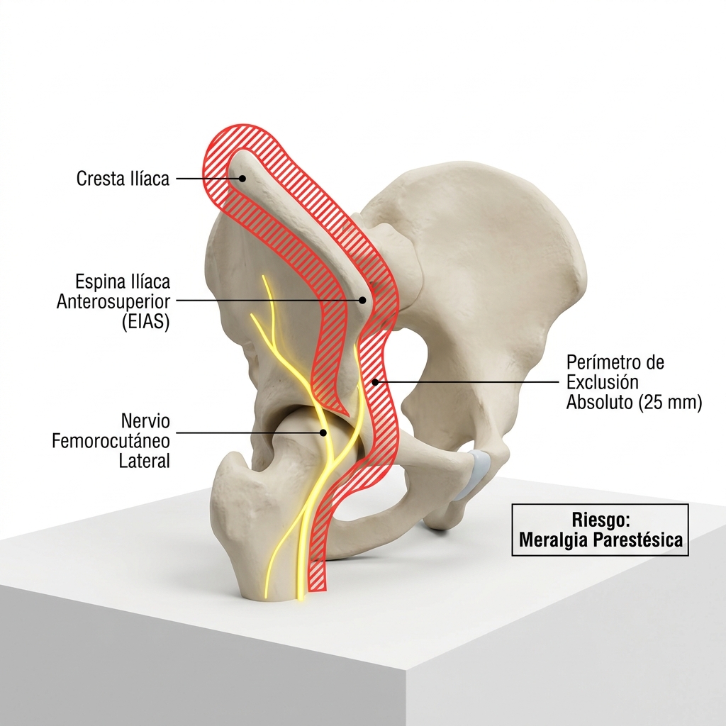 Render 3D anatómico de la pelvis anterosuperior ilustrando el trayecto del nervio femorocutáneo lateral sobre la EIAS y el perímetro de exclusión de 25 mm.