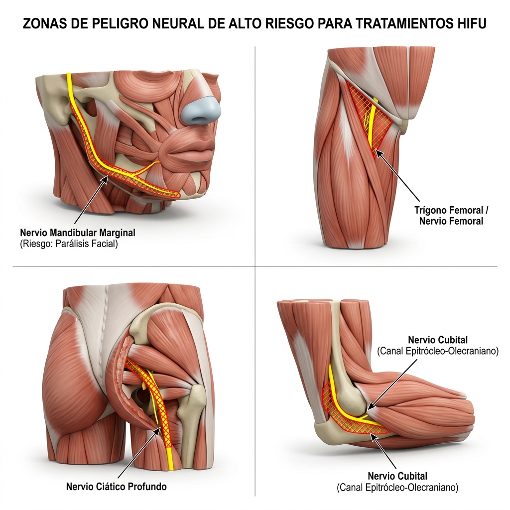 Esquema anatómico 3D de cuatro cuadrantes mostrando las proyecciones de nervios mayores prohibidos: nervio mandibular marginal, nervio femoral, nervio ciático y nervio cubital.