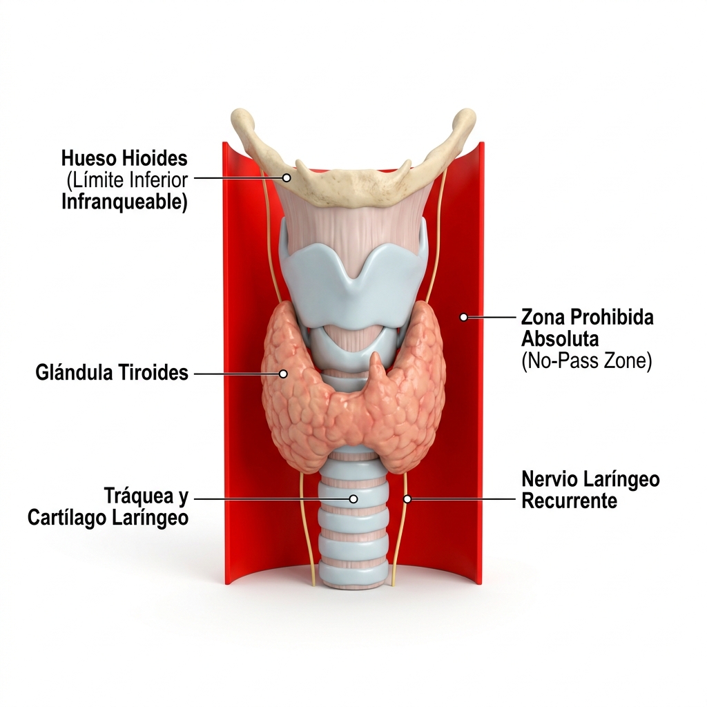 Render 3D anatómico del compartimento visceral cervical anterior destacando la glándula tiroides, tráquea y cartílagos laríngeos como zona de exclusión absoluta.