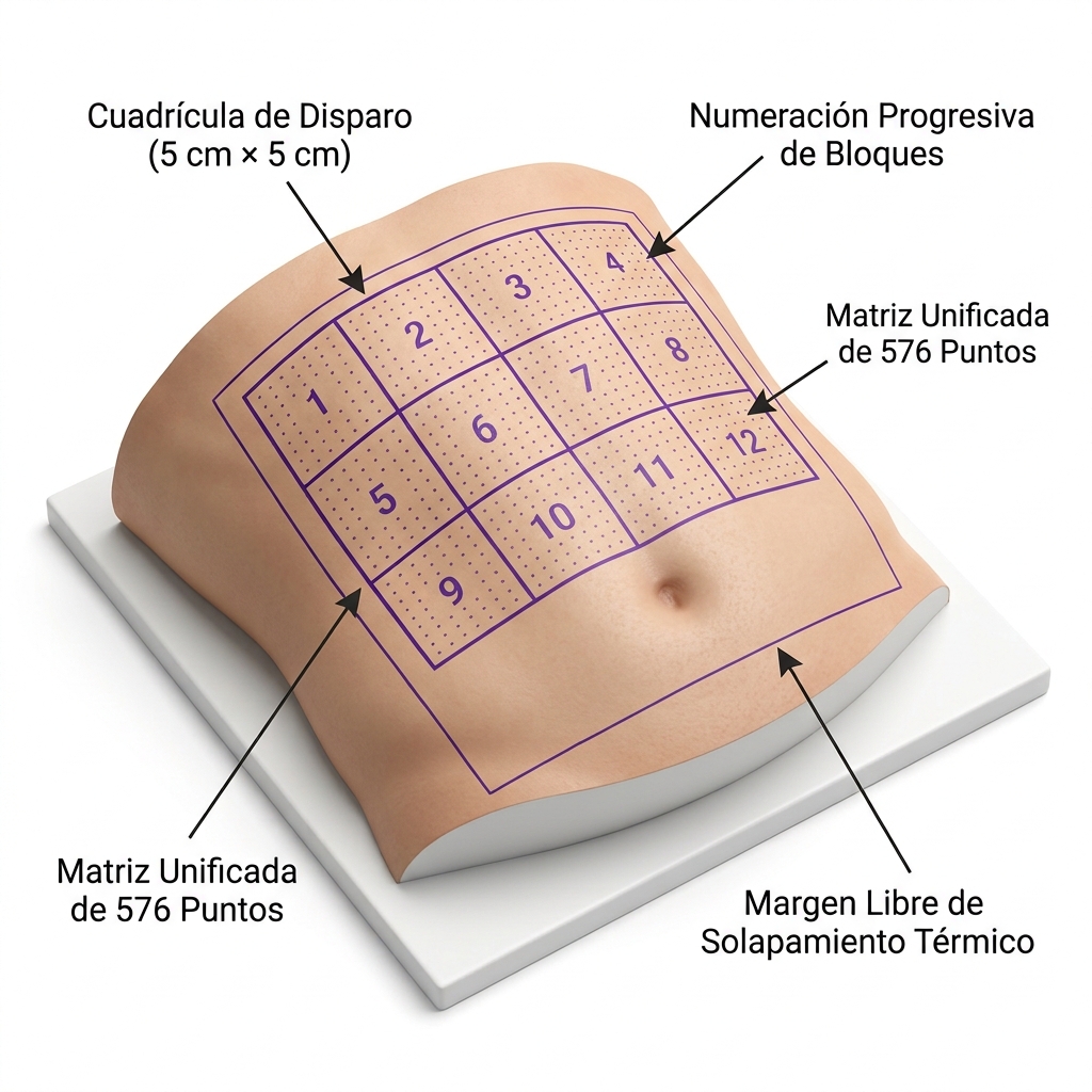 Esquema 3D del abdomen anterior reticulado en cuadrículas regulares de 5x5 cm numeradas secuencialmente dentro del perímetro diana autorizado.