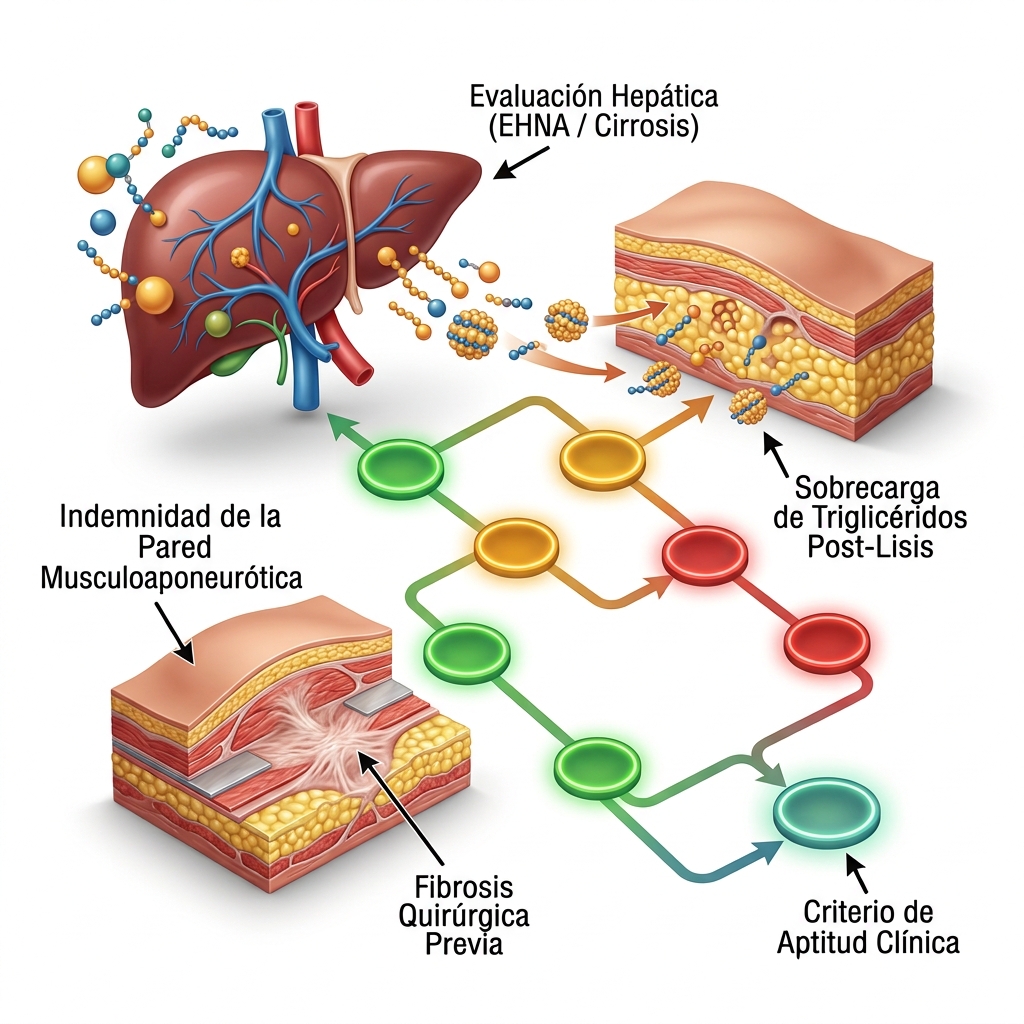 Esquema médico 3D y árbol de decisión clínica para evaluación metabólica, hepática y quirúrgica previa a HIFU, destacando esteatosis hepática, perfil lipídico y cirugías abdominales previas.