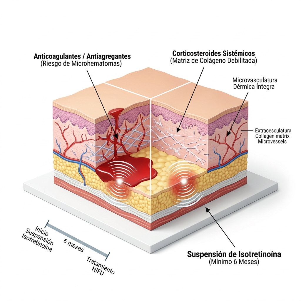 Diagrama 3D de interacción farmacológica y riesgo microvascular hipodérmico, ilustrando el impacto de anticoagulantes, antiagregantes, corticoides e isotretinoína frente a los focos acústicos HIFU.
